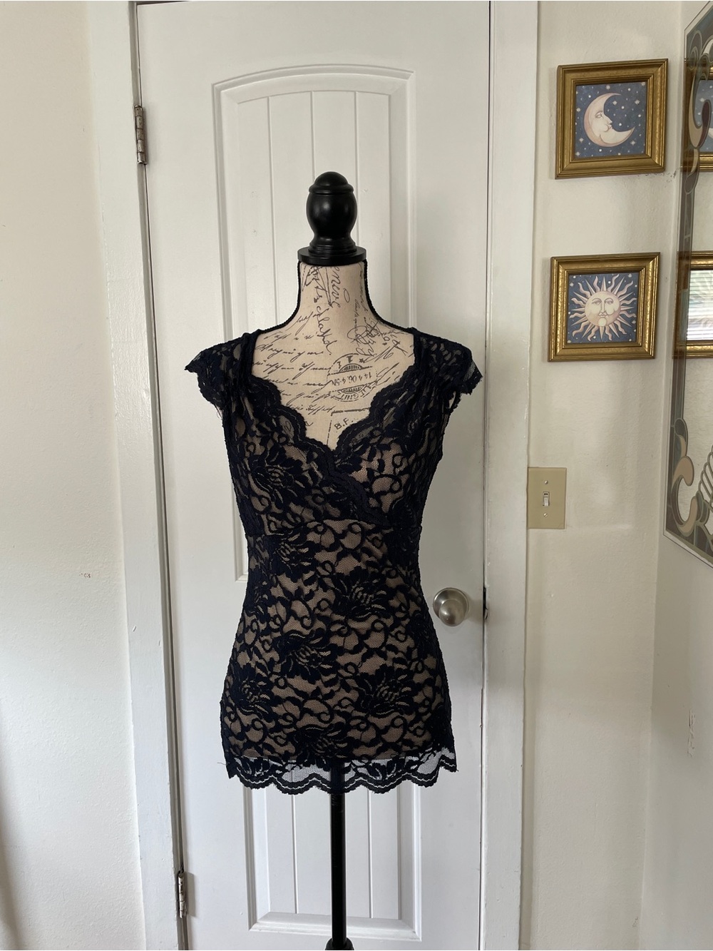 Y2K Boston Proper Lace Sheer Camisole Top Navy Blue Cream Size S